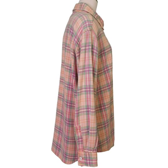 NY & Co Womens Plaid Button-Down Shirt Large 100% Cotton Peach/Pink/Green - Picture 2 of 12